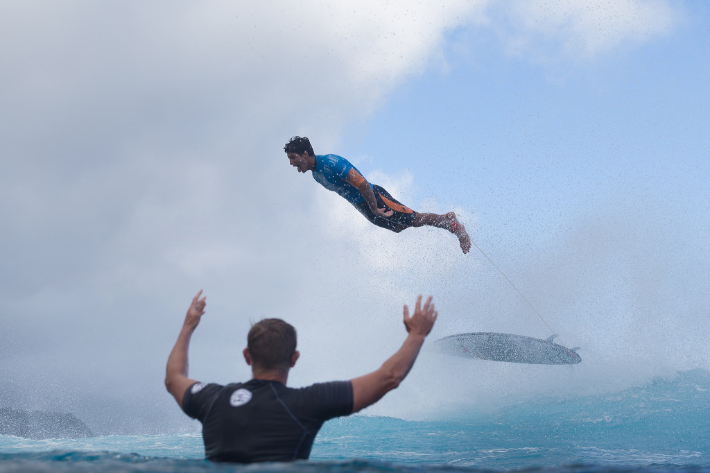 Reigning WSL World Champion and defending event winner Gabriel Medina soars through the air after completing a perfect 10 point ride during Round 4.