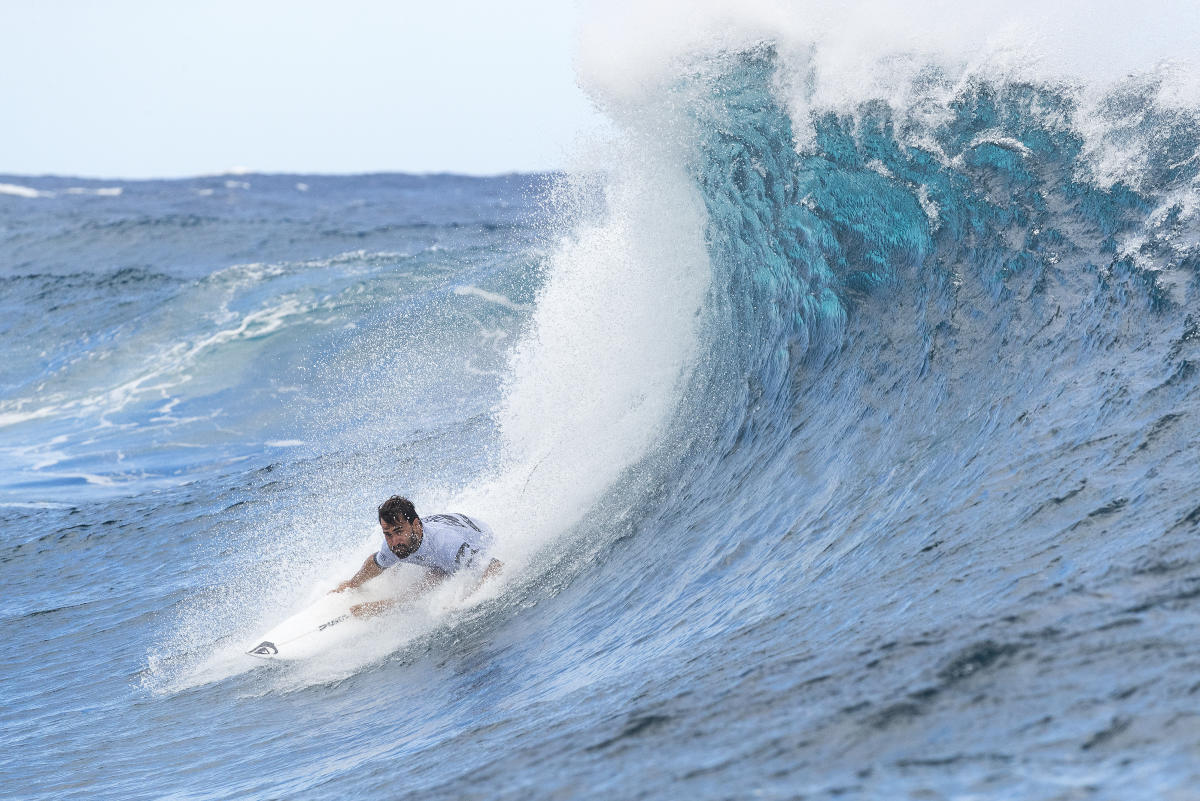 Basque surfer Aritz Aranburu gets barrelled on his backhand at Teahupoo, Tahiti